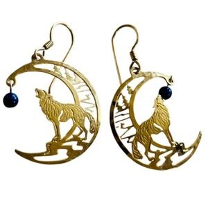VTG Wild Bryde Dire Wolf howling Moon Earrings Coyote Lapiz Gold Dangle Hammered